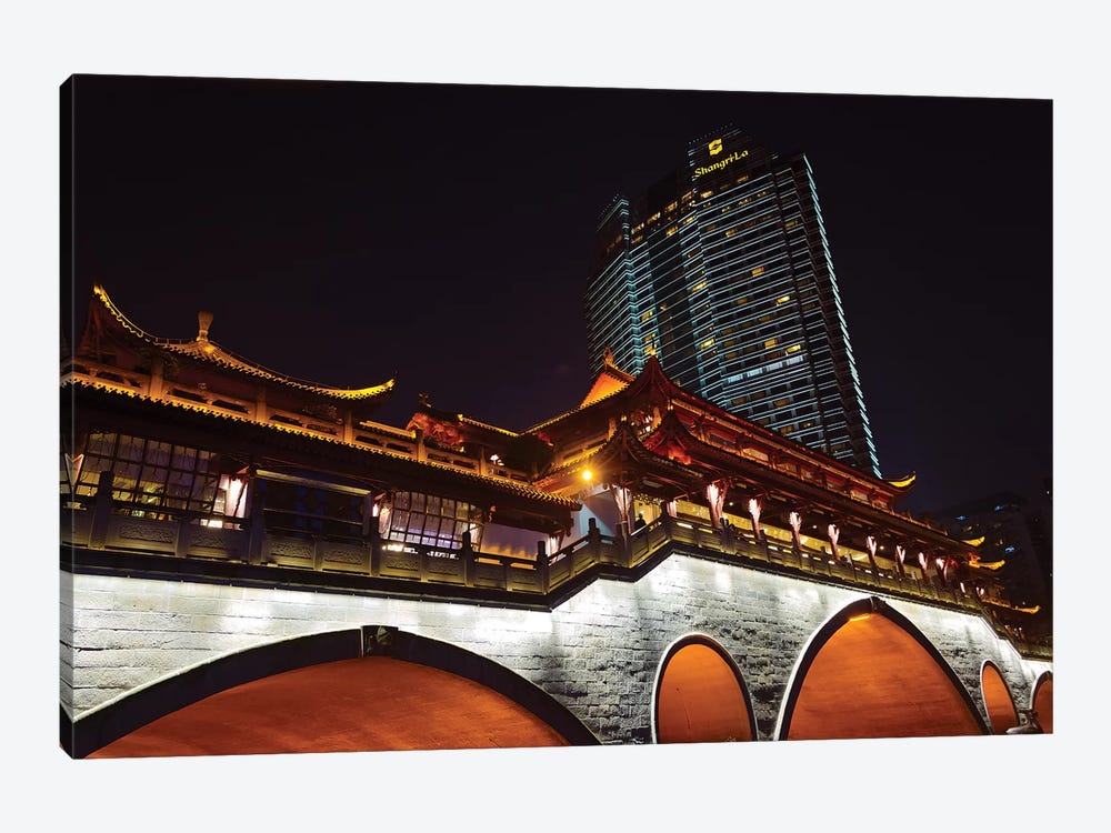 Night view of Anshun Bridge with modern high-rise, Chengdu, Sichuan Province, China by Keren Su 1-piece Art Print