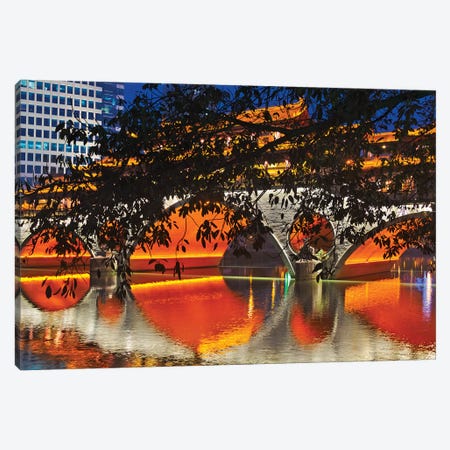 Night view of Anshun Bridge with reflection in Jin River, Chengdu, Sichuan Province, China Canvas Print #KES38} by Keren Su Canvas Wall Art