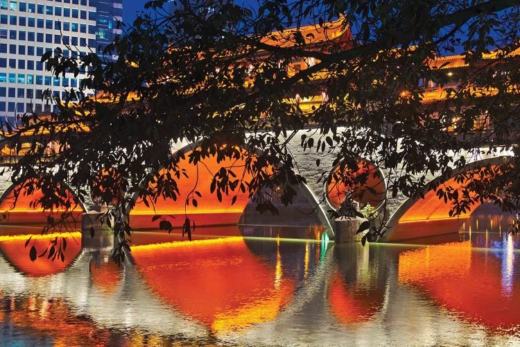 Night view of Anshun Bridge with reflection in Jin River, Chengdu, Sichuan Province, China