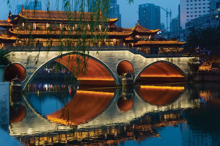 Night view of Anshun Bridge with reflection in Jin River, Chengdu, Sichuan Province, China