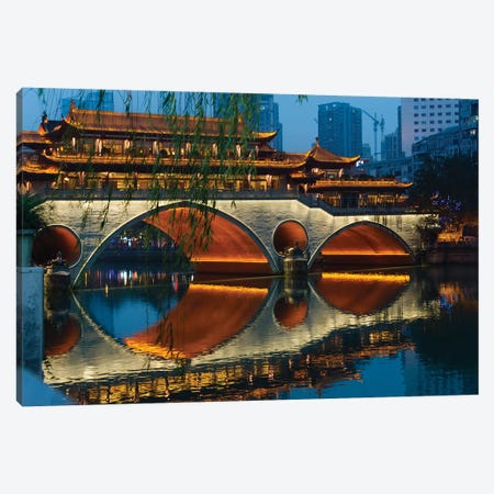 Night view of Anshun Bridge with reflection in Jin River, Chengdu, Sichuan Province, China Canvas Print #KES39} by Keren Su Canvas Wall Art