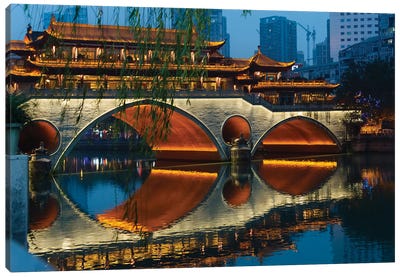 Night view of Anshun Bridge with reflection in Jin River, Chengdu, Sichuan Province, China Canvas Art Print