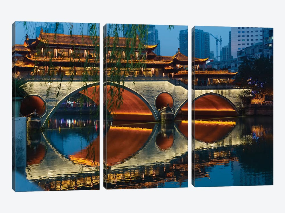 Night view of Anshun Bridge with reflection in Jin River, Chengdu, Sichuan Province, China by Keren Su 3-piece Canvas Print
