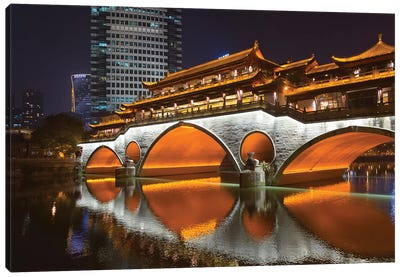 Night view of Anshun Bridge with reflection in Jin River, Chengdu, Sichuan Province, China Canvas Art Print - Chinese Décor