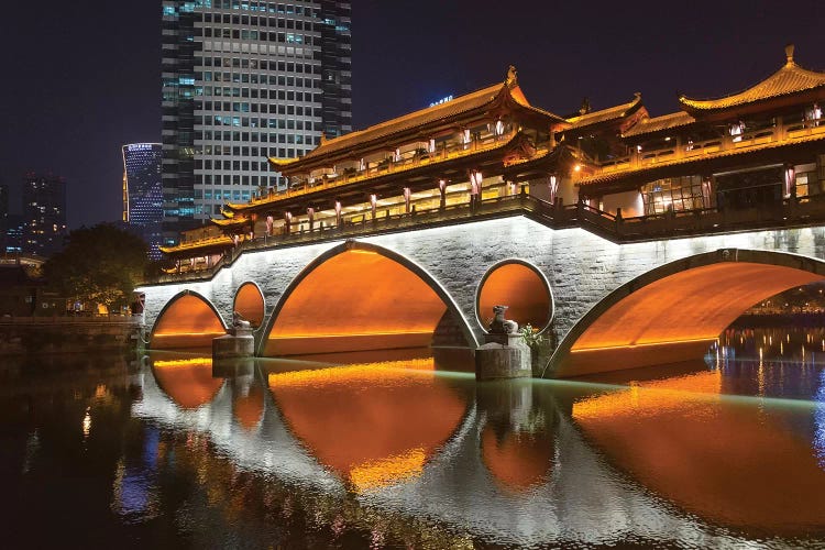 Night view of Anshun Bridge with reflection in Jin River, Chengdu, Sichuan Province, China