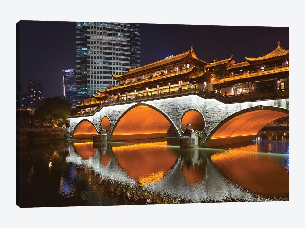 Night view of Anshun Bridge with reflection in Jin River, Chengdu, Sichuan Province, China by Keren Su 1-piece Canvas Print