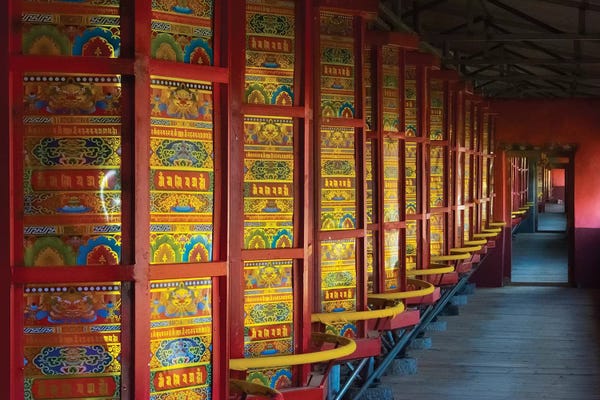 Chinese Culture: Prayer wheels in the temple, Tagong, western Sichuan, China by Keren Su