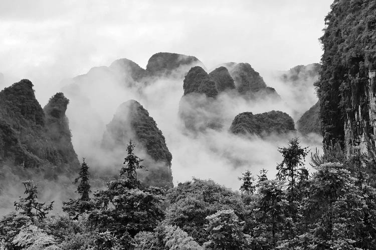 Limestone hills in mist, Yangshuo, Guangxi, China