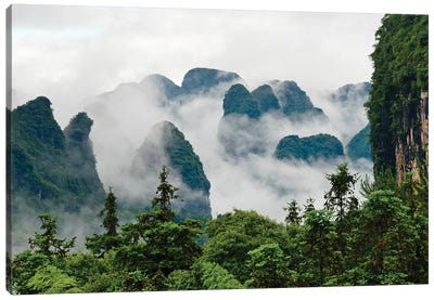 Limestone hills in mist, Yangshuo, Guangxi, China Canvas Art Print - China Art
