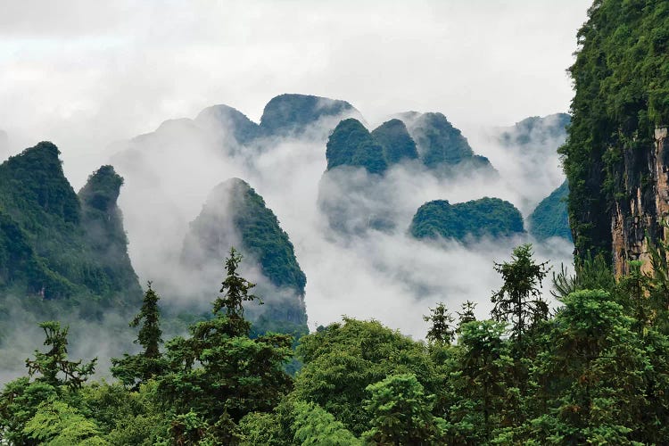 Limestone hills in mist, Yangshuo, Guangxi, China