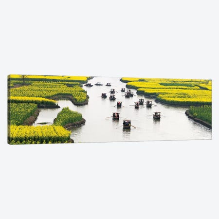 Rowing boat on river through Thousand-Islet canola flower fields, Xinghua, Jiangsu Province, China Canvas Print #KES93} by Keren Su Canvas Art