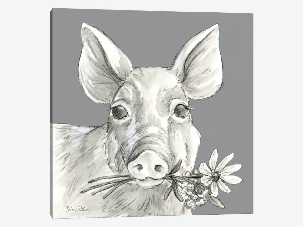 Watercolor Pencil Farm Color I-Pig by Kelsey Wilson 1-piece Canvas Print