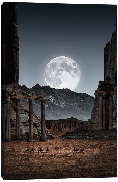 Ruined Landscape At Dusk Canvas Art Print - Full Moon Art