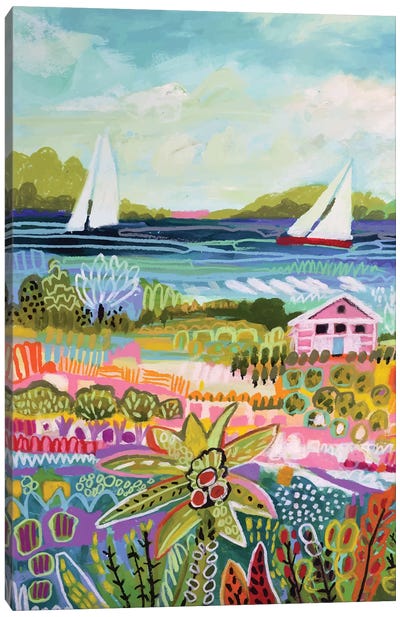 Two Sailboats And Cottage I Canvas Art Print - Kids Nautical Art