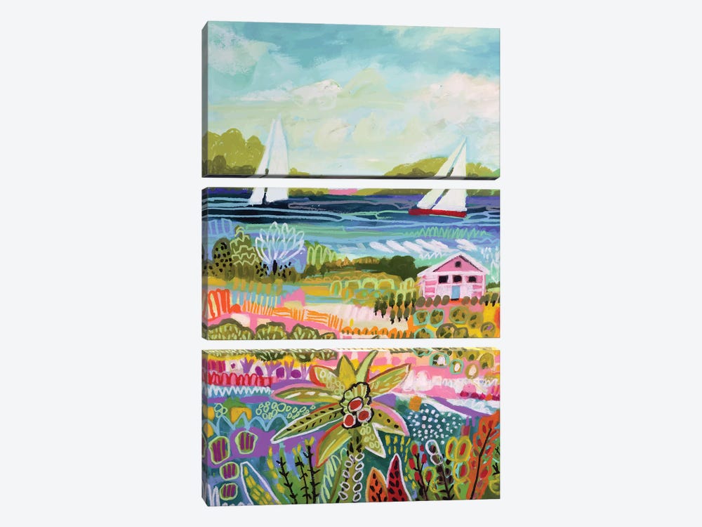 Two Sailboats And Cottage I by Karen Fields 3-piece Canvas Art Print