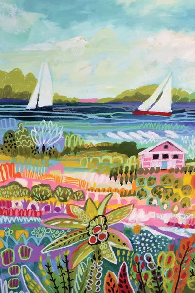 Kids Nautical Art: Two Sailboats And Cottage I by Karen Fields