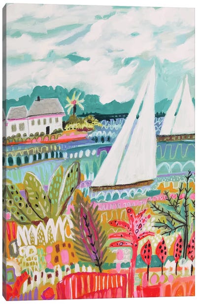 Two Sailboats And Cottage II Canvas Art Print - Kids Nautical Art