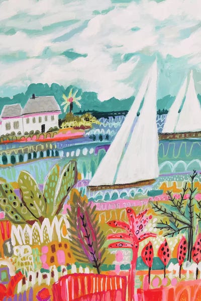 Karen Fields: Two Sailboats And Cottage II by Karen Fields