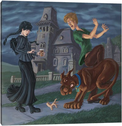 Wednesday Meets Scooby And Shaggy Canvas Art Print - Haunted House Art