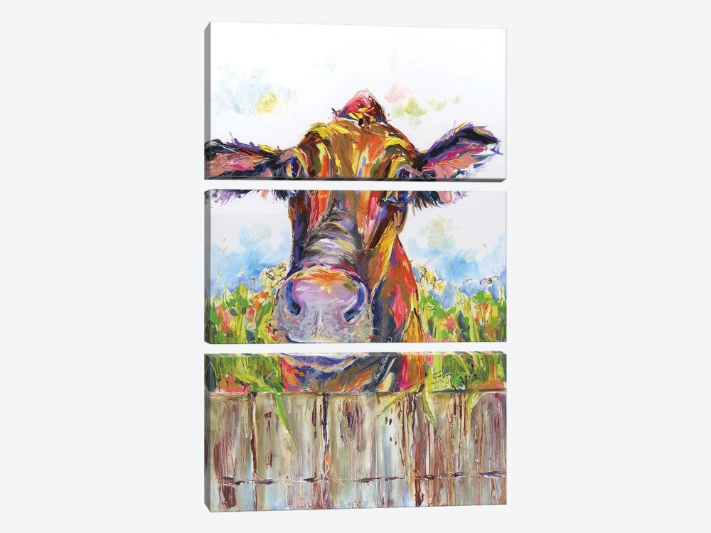 Cow And Bumble Bee Farm Painting by Kim Guthrie 3-piece Canvas Art