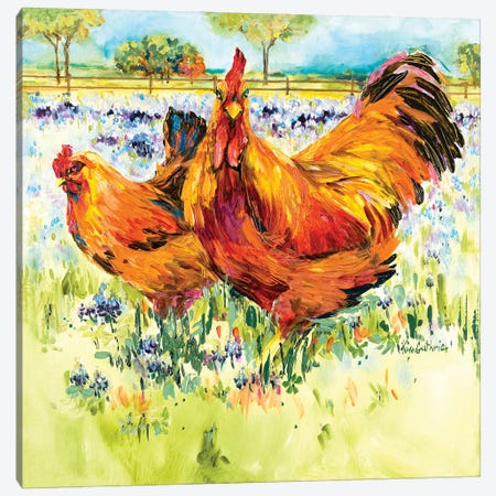 Chicken And Rooster Frolic In Texas Bluebonnets Canvas Print #KGU58} by Kim Guthrie Canvas Art Print