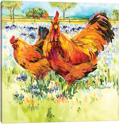 Chicken And Rooster Frolic In Texas Bluebonnets Canvas Art Print - Bluebonnet Art