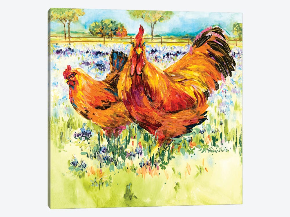 Chicken And Rooster Frolic In Texas Bluebonnets by Kim Guthrie 1-piece Canvas Art