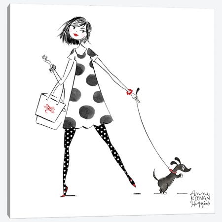 Woman With Dog Polka Dot Dress Canvas Print #KHG35} by Anne Keenan Higgins Canvas Artwork