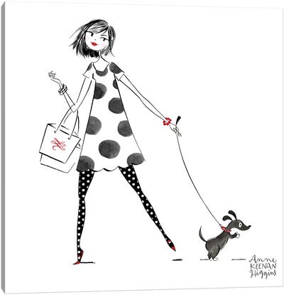 Woman With Dog Polka Dot Dress Canvas Art Print - Anne Keenan Higgins