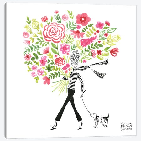 Girl With Bouquet And Dog Canvas Print #KHG4} by Anne Keenan Higgins Canvas Wall Art