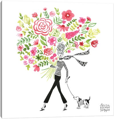 Girl With Bouquet And Dog Canvas Art Print - Women's Pants Art
