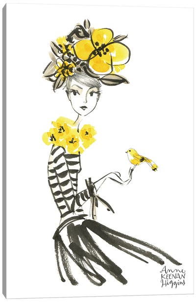 Woman Holding Yellow Bird Canvas Art Print - Black, White & Yellow Art