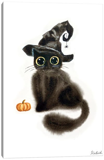 Witch Cat Canvas Art Print - Pumpkins
