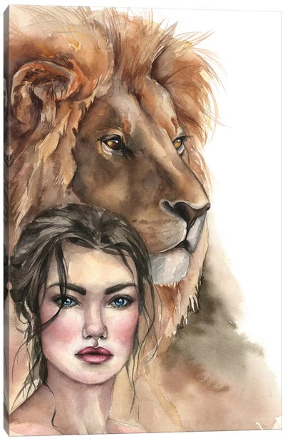 Lion And A Girl Canvas Art Print - Lion Art