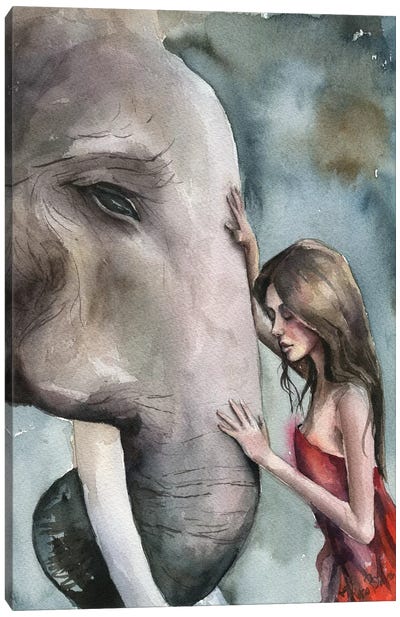 Girl With Elephant Canvas Art Print - Kira Balan