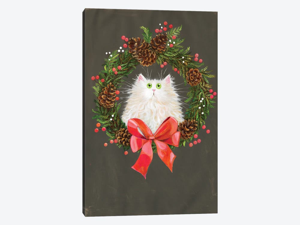 Festive Wreath White Cat by Kim Haskins 1-piece Canvas Print