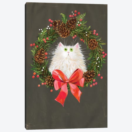Festive Wreath White Cat Canvas Print #KIH106} by Kim Haskins Canvas Art