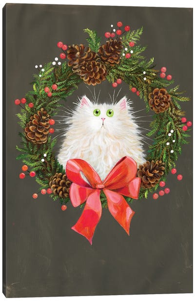 Festive Wreath White Cat Canvas Art Print - Christmas Animal Art