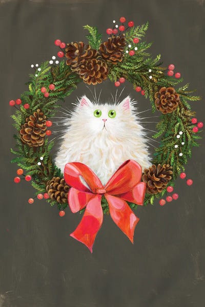Kim Haskins: Festive Wreath White Cat by Kim Haskins