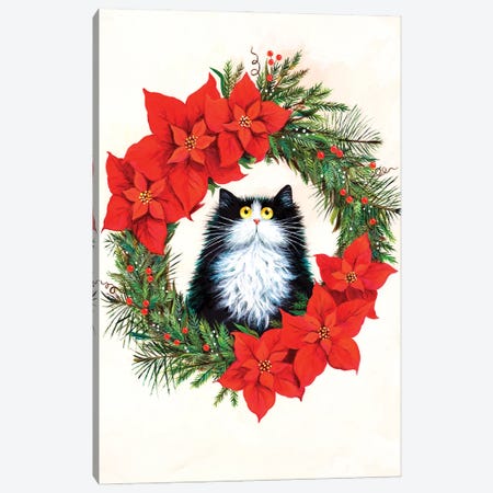 Black And White Cat In Poinsettia Wreath Canvas Print #KIH107} by Kim Haskins Canvas Wall Art