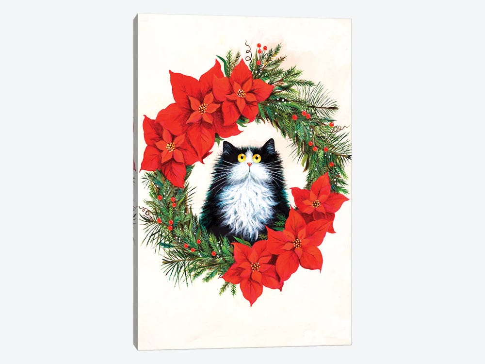Black And White Cat In Poinsettia Wreath by Kim Haskins 1-piece Canvas Art
