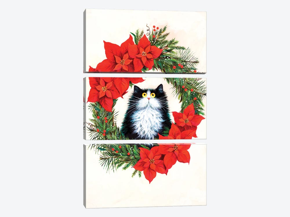 Black And White Cat In Poinsettia Wreath by Kim Haskins 3-piece Canvas Wall Art