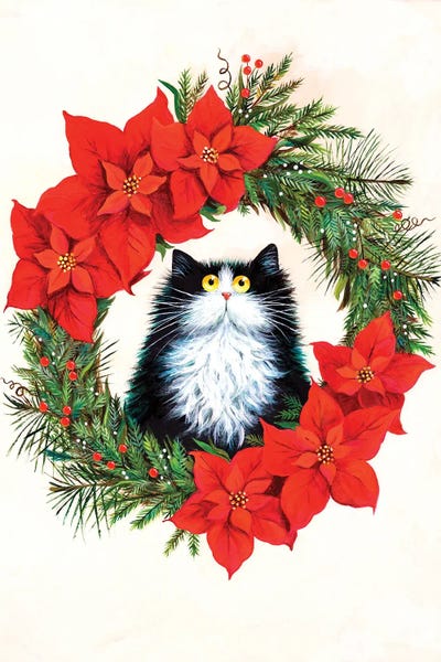 Christmas Animals: Black And White Cat In Poinsettia Wreath by Kim Haskins