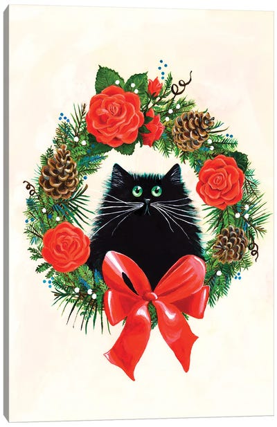 Black Cat In Rose Wreath Canvas Art Print - Christmas Trees & Wreath Art