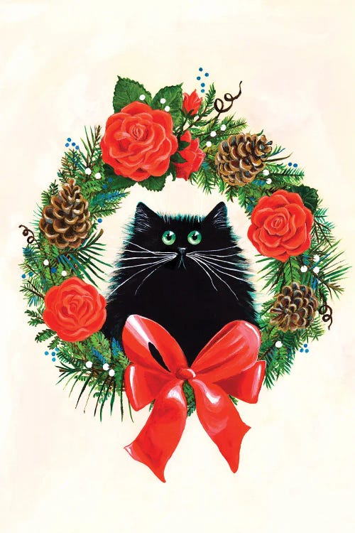 Black Cat In Rose Wreath by Kim Haskins wall art