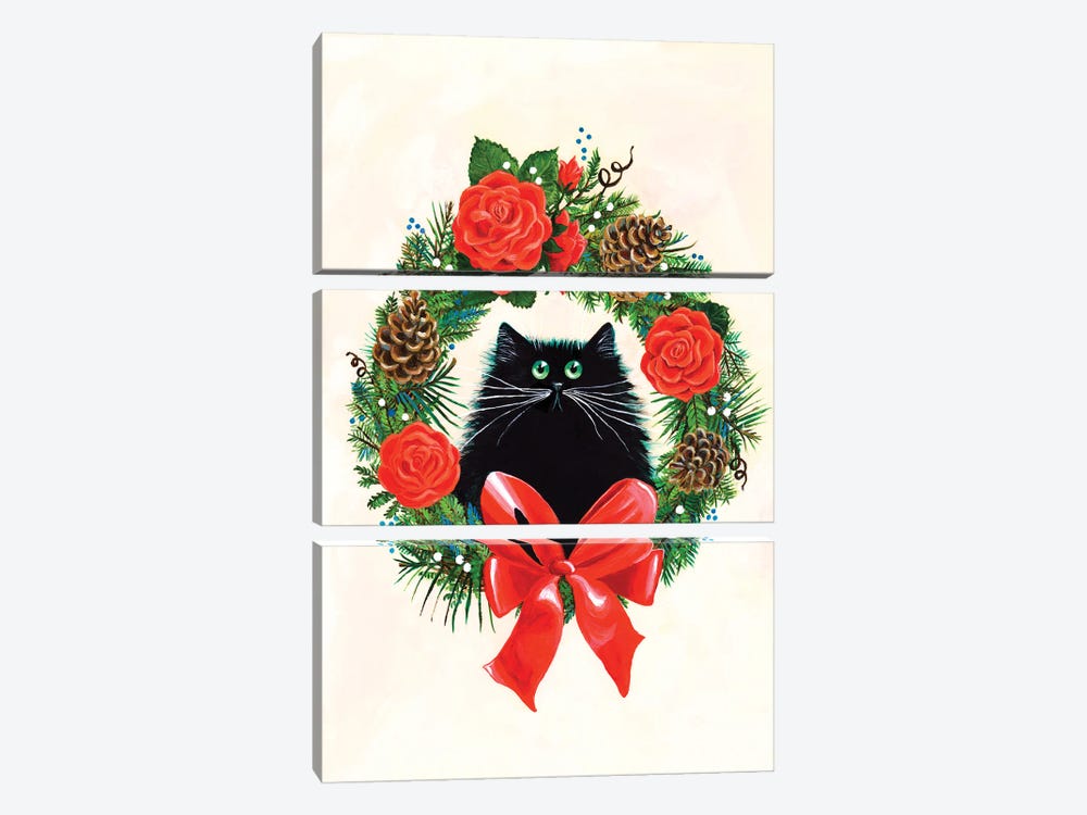 Black Cat In Rose Wreath by Kim Haskins 3-piece Art Print