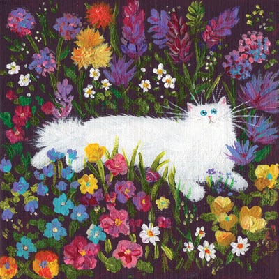 White Cat In Flowers by Kim Haskins art print