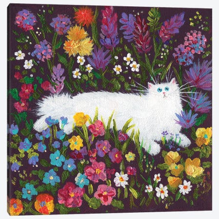 White Cat In Flowers Canvas Print #KIH143} by Kim Haskins Canvas Art Print
