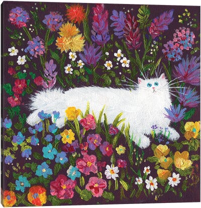 White Cat In Flowers Canvas Art Print - Kim Haskins
