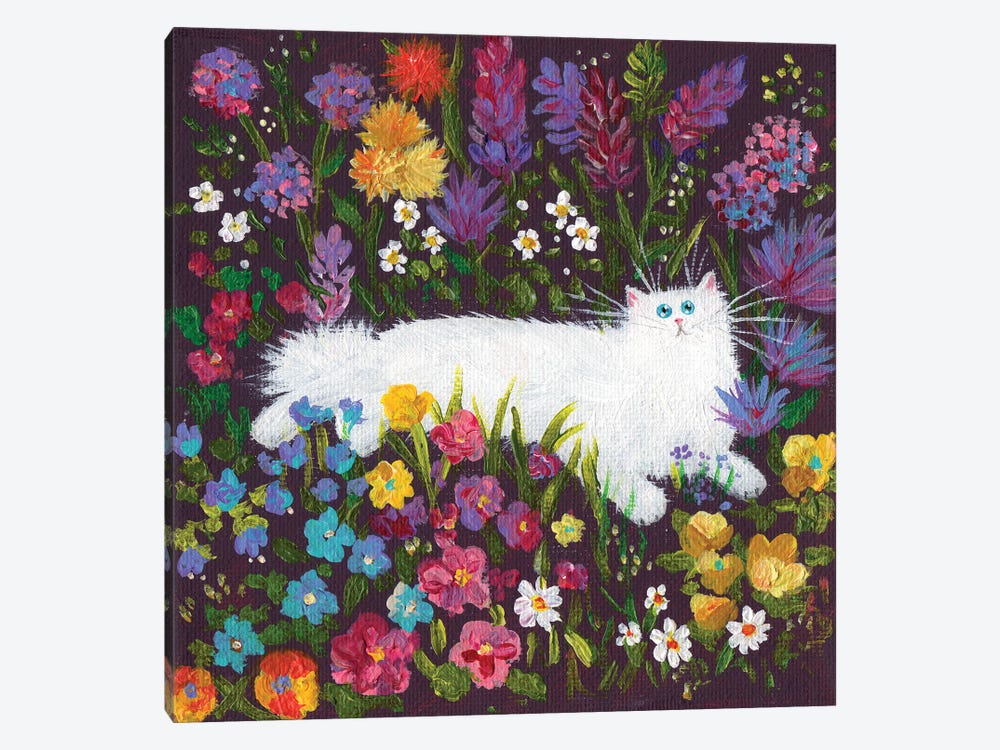 White Cat In Flowers by Kim Haskins 1-piece Canvas Art